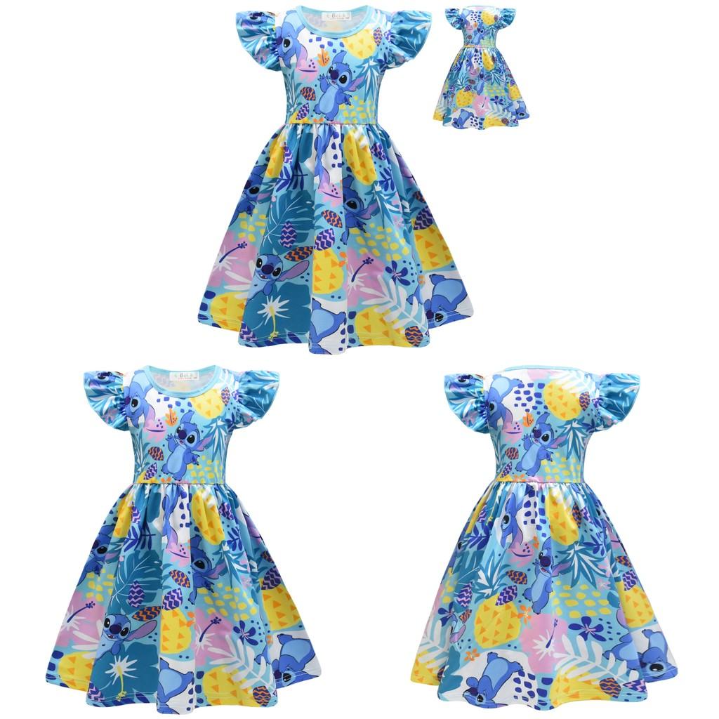 Lilo And Stitch Girl Dress With Pleated Milk Silk Fabric For Summer Playtime