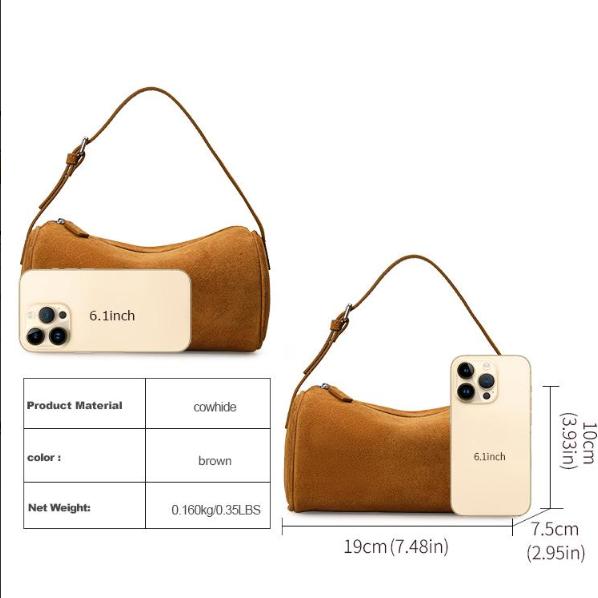 Brown Suede-Finish Cowhide Underarm Bag – Lightweight, Compact, and Stylish for Women