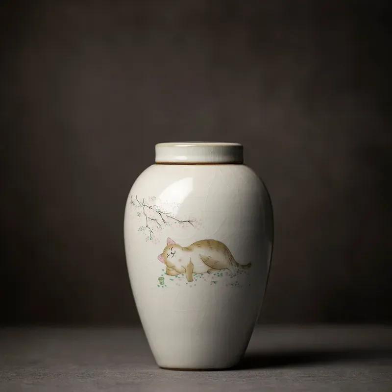 Ретро-керамическая чайная кабина Ru Kiln с милым рисунком кошки, переносная герметичная упаковка для чайных листьев, дорожная коробка для хранения чайных пакетиков, органайзер для специй