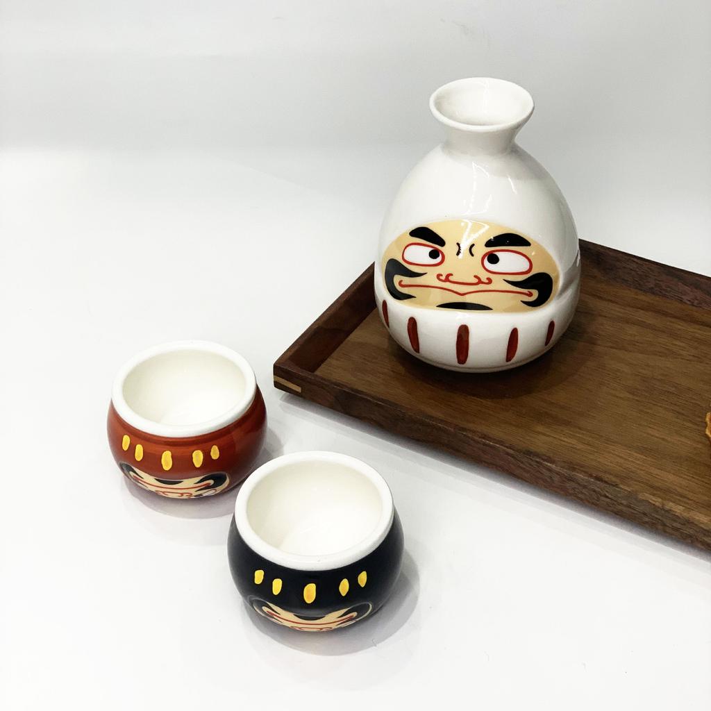 Japanese Sake Set Hand Painted Daruma 1 Pot 2 Cups Ceramic Liquor Gift Box Retro Style