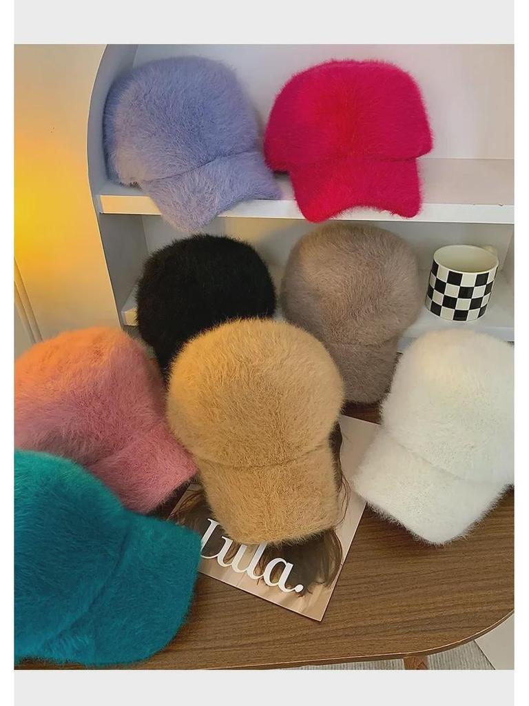 Женская бейсболка из меха кролика в корейском стиле - теплая, мягкая зимняя шапка для большой окружности головы, стройнящий белый дизайн