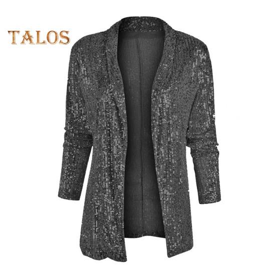 Женский кардиган с пайетками, пальто, блестящий открытый спереди, облегающий однотонный пиджак с длинным рукавом, уличная одежда для вечеринок, клубов, баров, выступлений на сцене