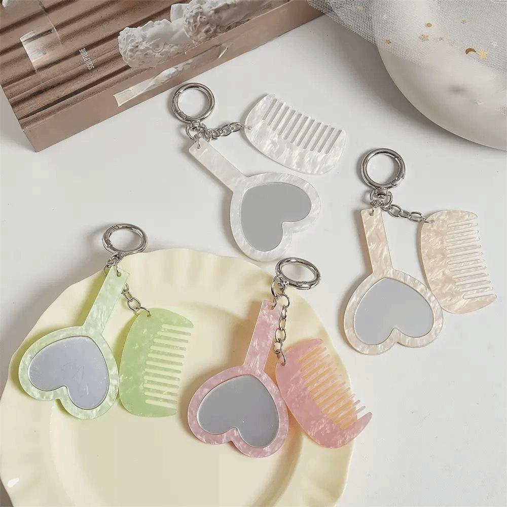 Acetate Material Grooming Keyring Mini Fine Tooth Comb Heart Mirror Comb Outdoor Touch Up
