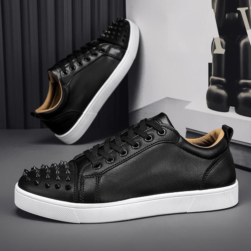 Men's Red Bottom Rivet Casual White Sneakers - Trendy Microfiber Leather Shoes