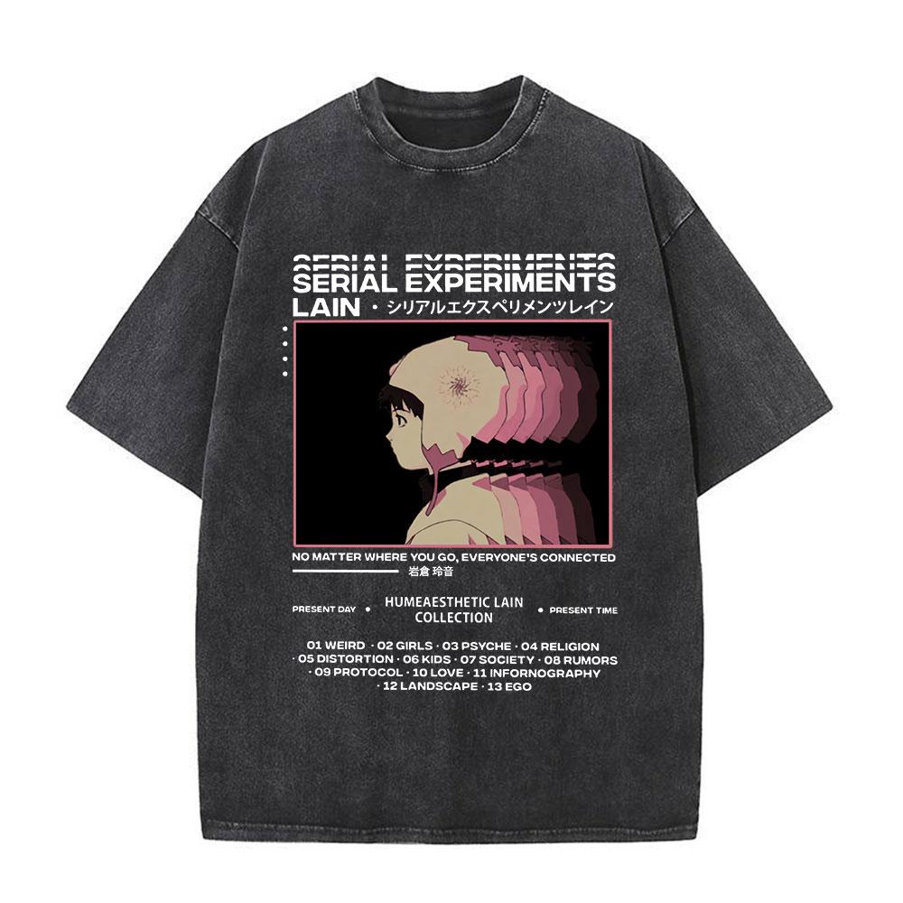 Serial Experiments Lain Anime Vintage Washed T-Shirt Manga Iwakura Girl Sci Fi Short Sleeve T-shirts 100% Cotton Casual T Shirt