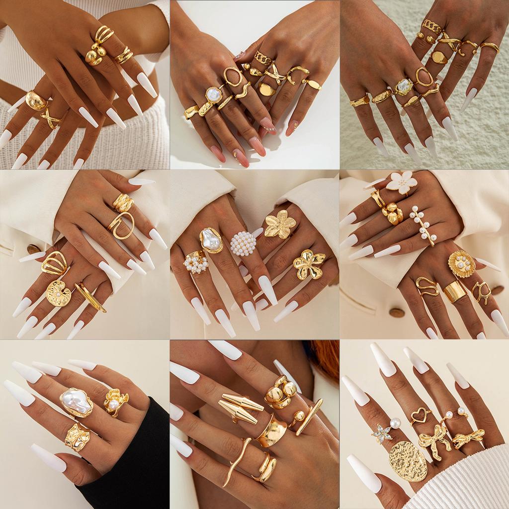 European and American Style Geometric Irregular Fashion Ring Set, Personalized Design, Imitation Pearl Layered Ring Ring