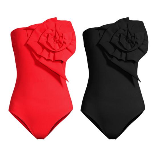 Женский монокини бандо без рукавов с 3D цветочным декором, цельный купальник однотонный, с открытой спиной, быстросохнущий