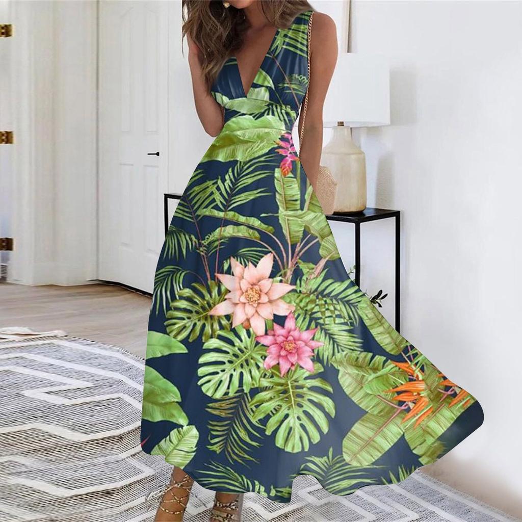 Women's Summer Fashion Hawaiian Print V-Neck Sleeveless Tunic Casual Dresses