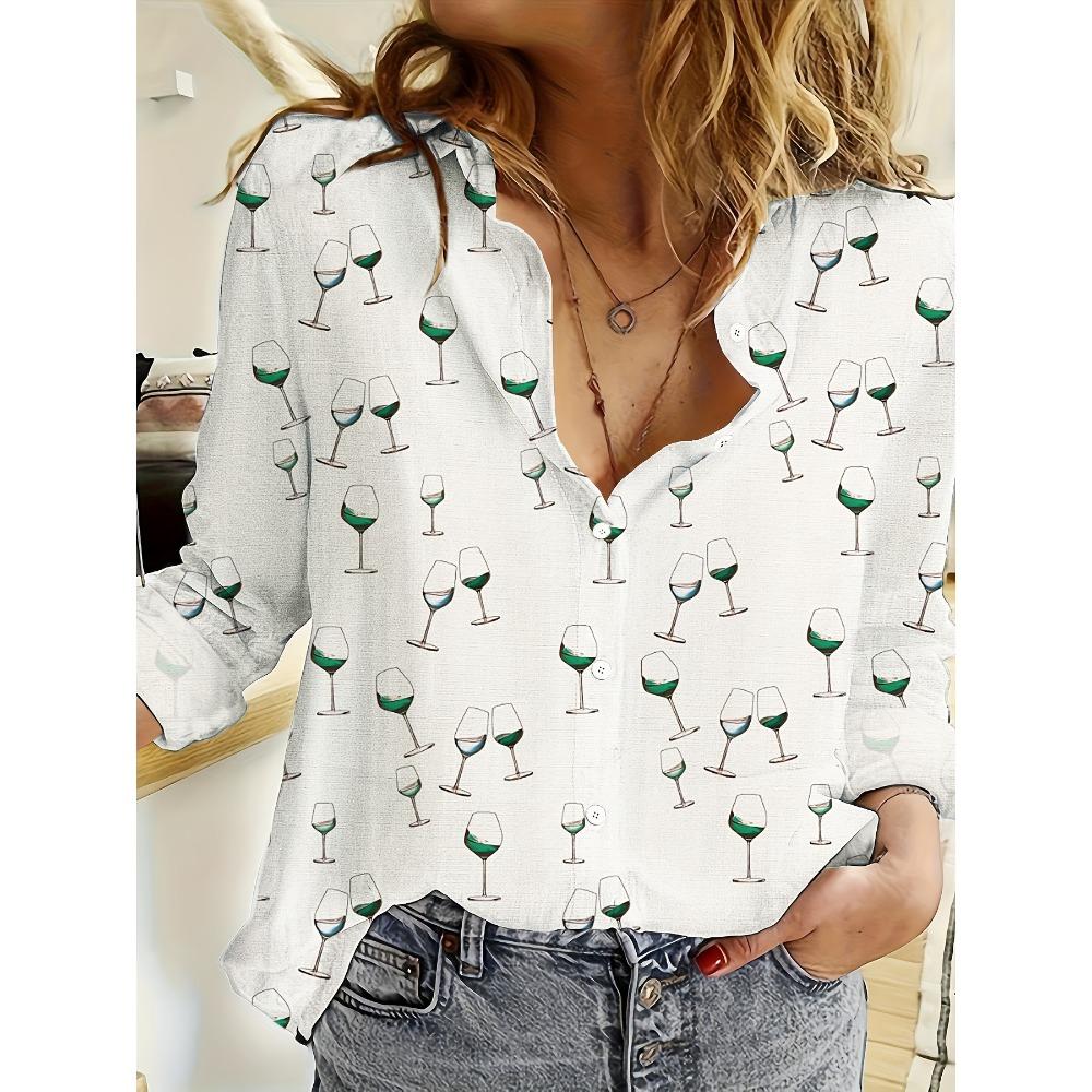 Daily Personality Show, Fashion Ladies Printed Long Sleeve Collar Shirt - Casual Polyester, Machine Washable