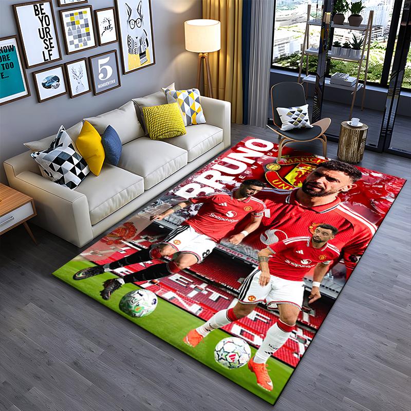 Soccer Star Area Rug, Bruno Fernandes Manchester United 8 Red Old Trafford Print, Football Fan Decor, Non-Slip Carpet