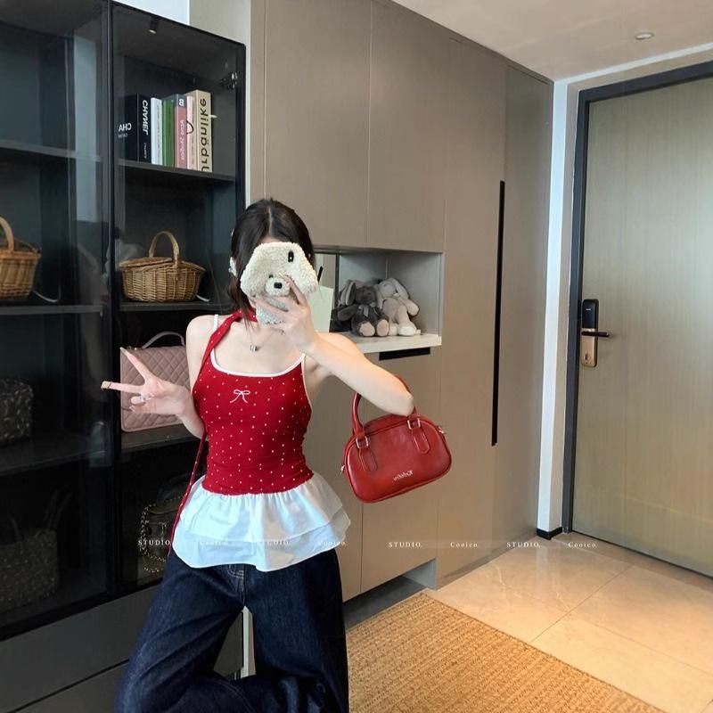 Women's Polka Dot Bow Camisole – Summer Ruffled Patchwork Top