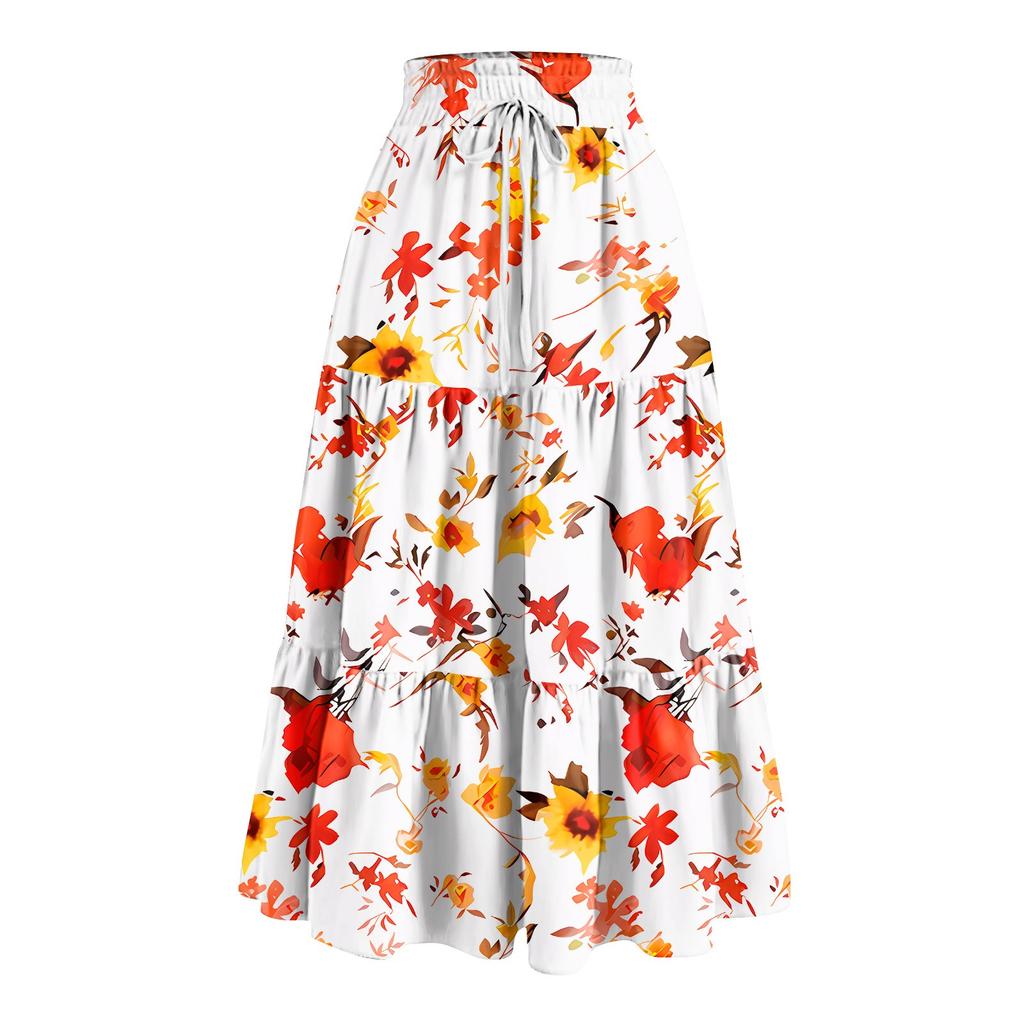 Women's Ruffled Spring Casual Long Skirt Plain Color Skirt Retro Pleated Skirt