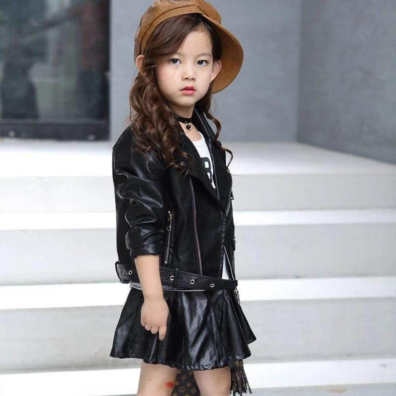 Motorcycle Jacket Girls Pu Childrens Jacket Kid Outwear Solid Color Zipper Belt Long Sleeve Casual