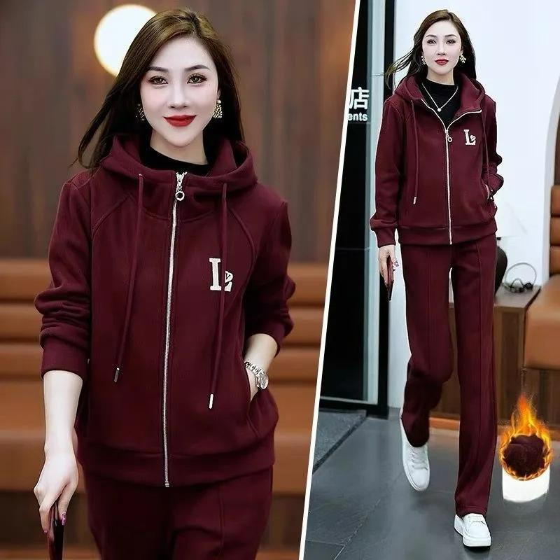 Плюс бархатный утолщенный спортивный костюм женский осенне-зимний кардиган на молнии с капюшоном свитер повседневный костюм из двух частей