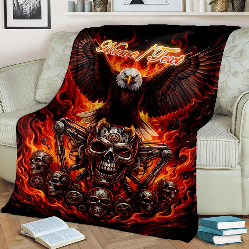 1PC Custom Name Eagle Skull Flames Artwork flannel blanket versatile,all-season throw suitable for the living room,bedroom,camping,travel,and gift