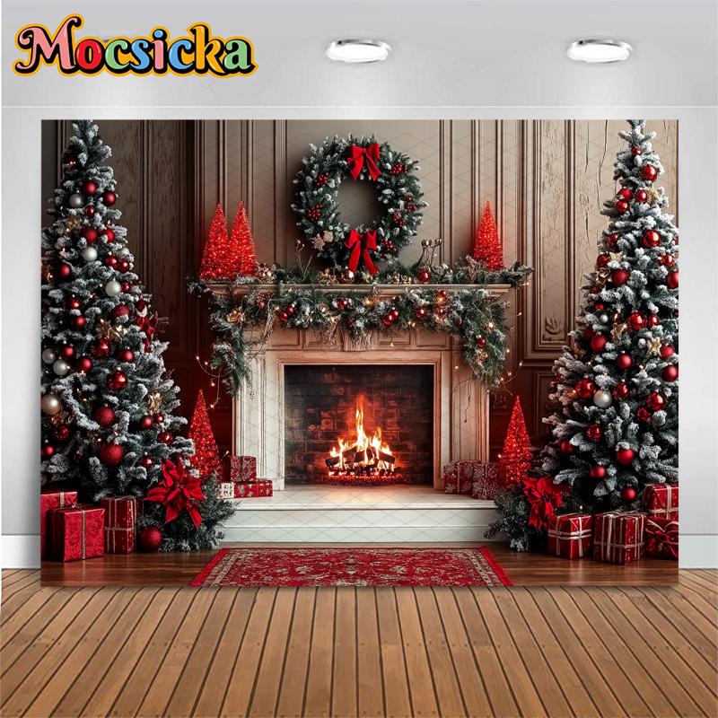 Mocsicka Рождественский фон для фотосъемки Камин Подарки Елка Вечеринка Фотофон В помещении Дом Красные обои Украшения Баннер