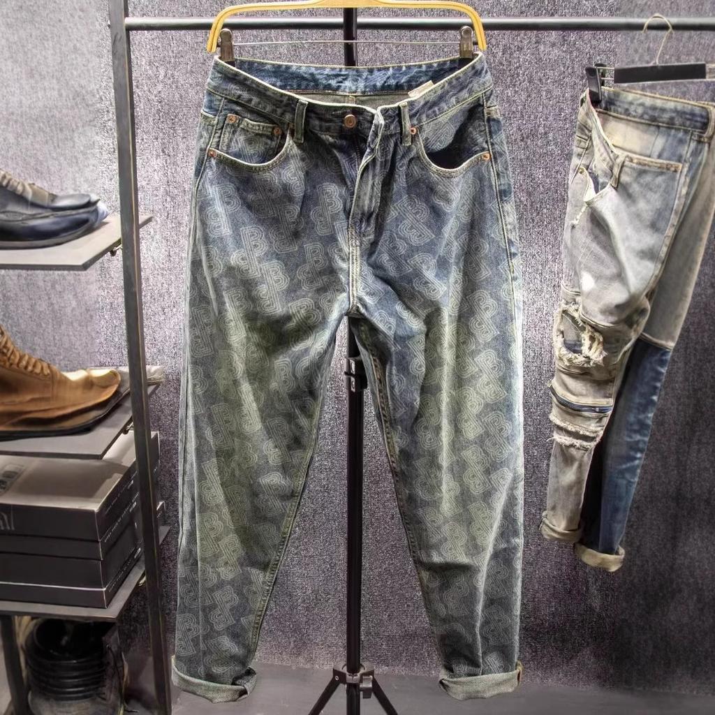 JYL Мужские Джинсы Уличный Стиль Молния Укороченные Прямые Широкие Штанины Деним