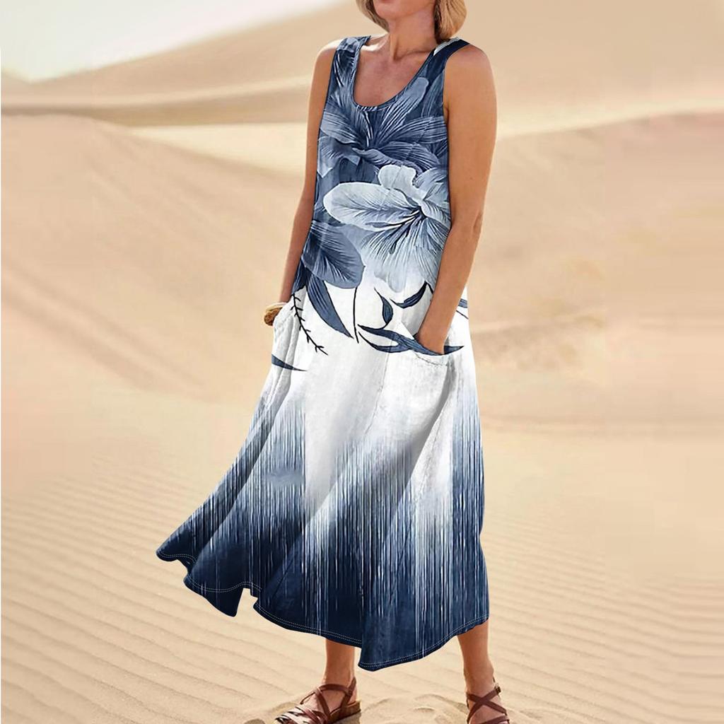 Женское летнее повседневное модное платье без рукавов с круглым вырезом и карманом в стиле ретро