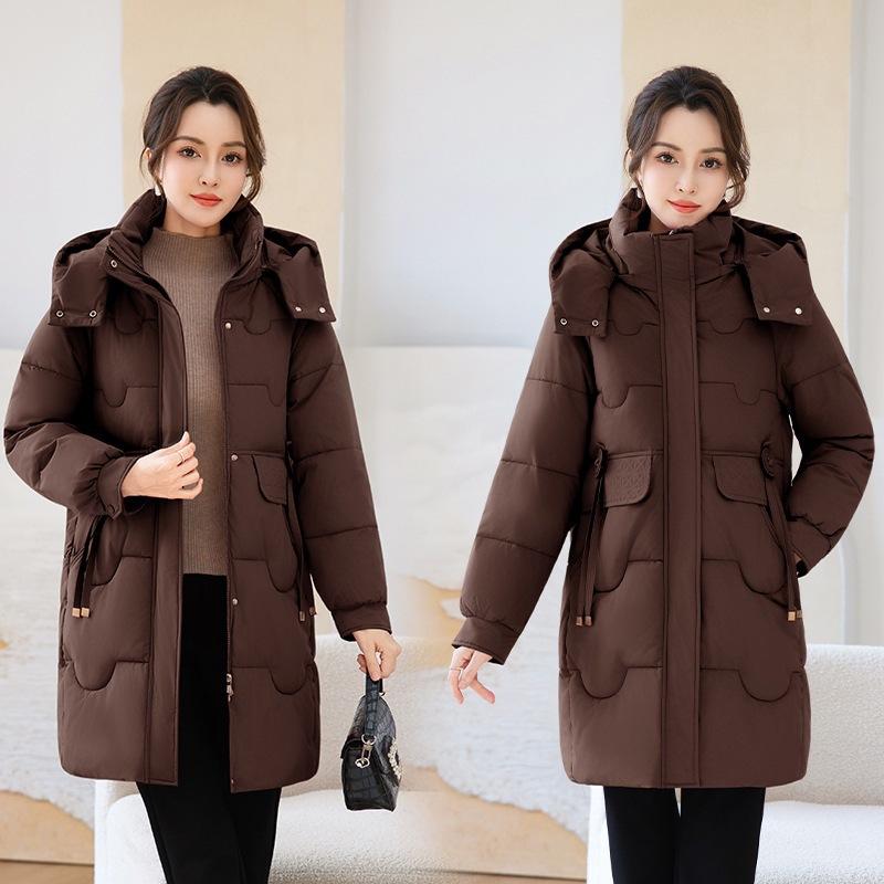 Hooded drawstring medium and long cotton clothes female middle-aged mother thickened cotton-padded clothes loose coat support one piece