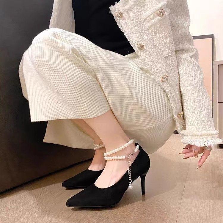 High heels women 2025 new stiletto one-word buckle, premium non-slip fairy pointed suede black pearl single shoes