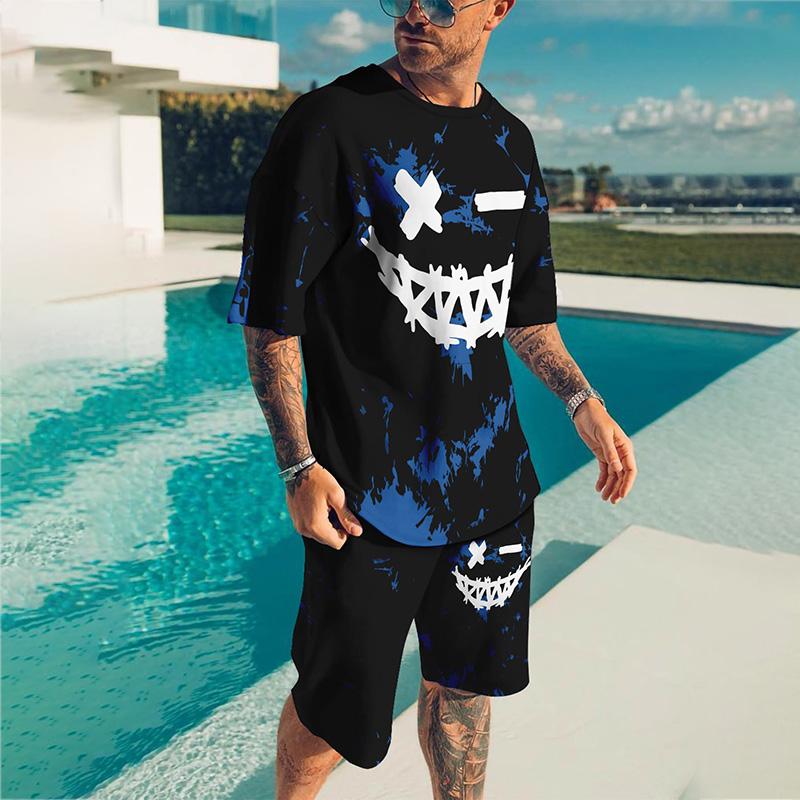 Мужской костюм, летний повседневный дышащий освежающий костюм с принтом 3D Evil Face, большой мужской свободный топ, модный с короткими рукавами