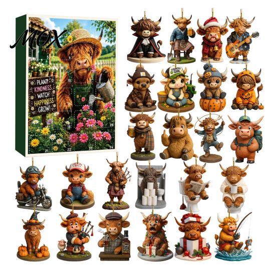 Acrylic Holiday Tree Decorations 2026 Highland Cow Advent Calendar, 2D Flat Festive Collectible Pendants Ornaments, 24 Days Christmas Countdown