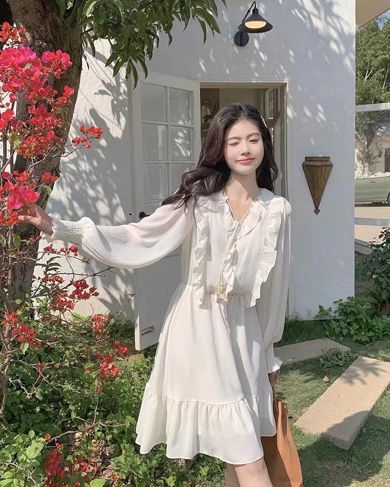 Милое женское элегантное платье с оборками, осеннее абрикосовое платье с рукавами-фонариками, женская винтажная цельная одежда, женское однотонное макси во французском стиле