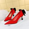 Fashionable Sweet Medium Heel Women's Shoes Thin Heel Shallow Mouth Pointed Fleece Color Contrast Bow Single Shoes