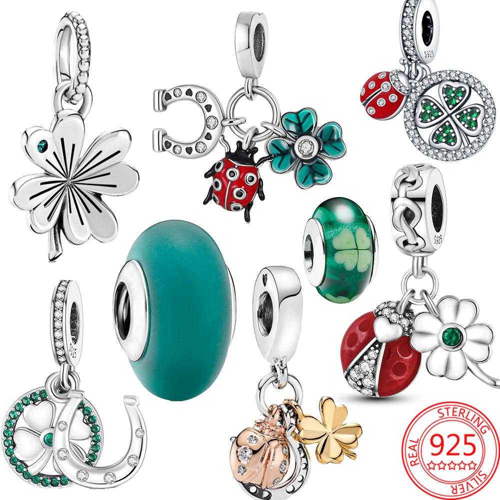 Original S925 Silver Fit Fashion Bracelet Charm Murano Glass Beads Ladybird Four Leaf Clover Pendant Jewelry Gift Accessories