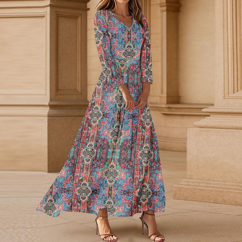 Платья для женщин Винтажное цветочное туниковое платье миди с завышенной талией Летнее повседневное платье с рукавом 3/4