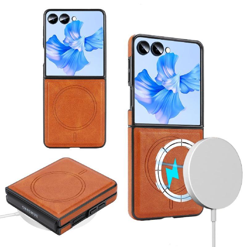Samsung Z Flip7 Wireless Charging Phone Case with Magnetic Tri-fold Card Holder, Leather Sticker, Velvet Inner, 6-Level Protection.