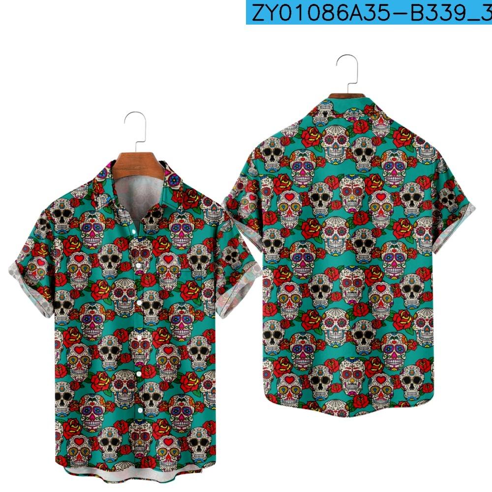 Men's Fashion Y2K Hombre T-Shirts Hawaiian Shirt Skull 3D Print Cozy Casual Short Sleeve Beach Oversized Clothes 0