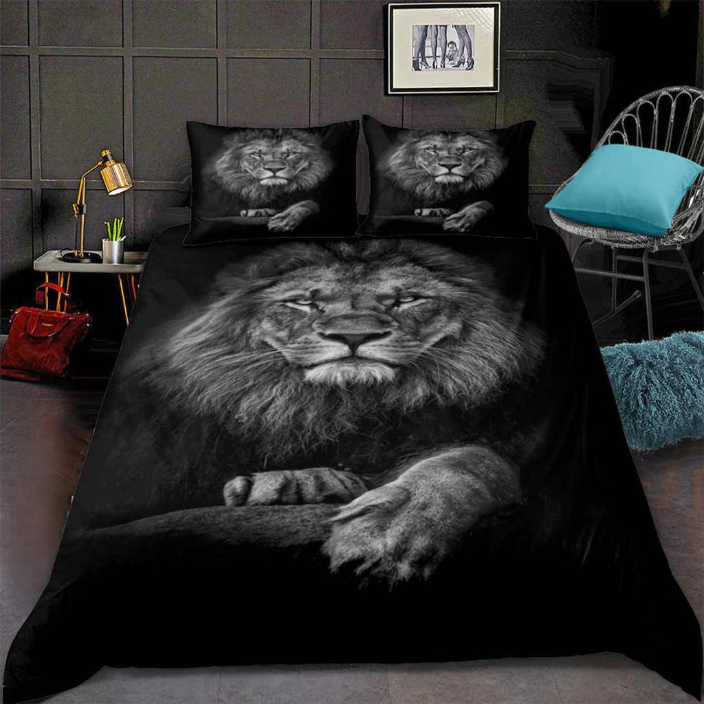 Black Lion Pattern Duvet Cover Set 3D Lifelike Animal Print Bedding Set Soft Microfiber Bedspread 3pcs Bedclothes