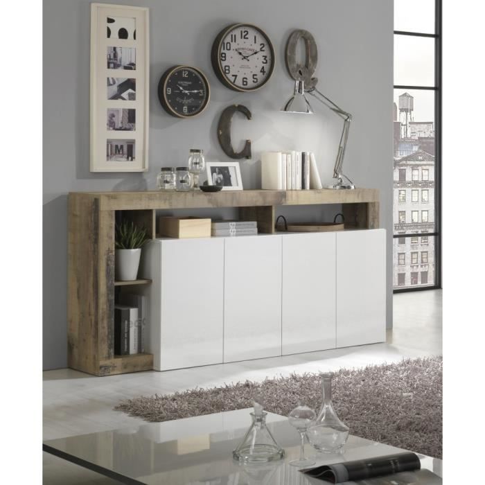 MAESTRO Sideboard - Particleboard - Vintage Wood Effect and Lacquered White - 4 Doors - L 184 X D 42 X H 93 Cm