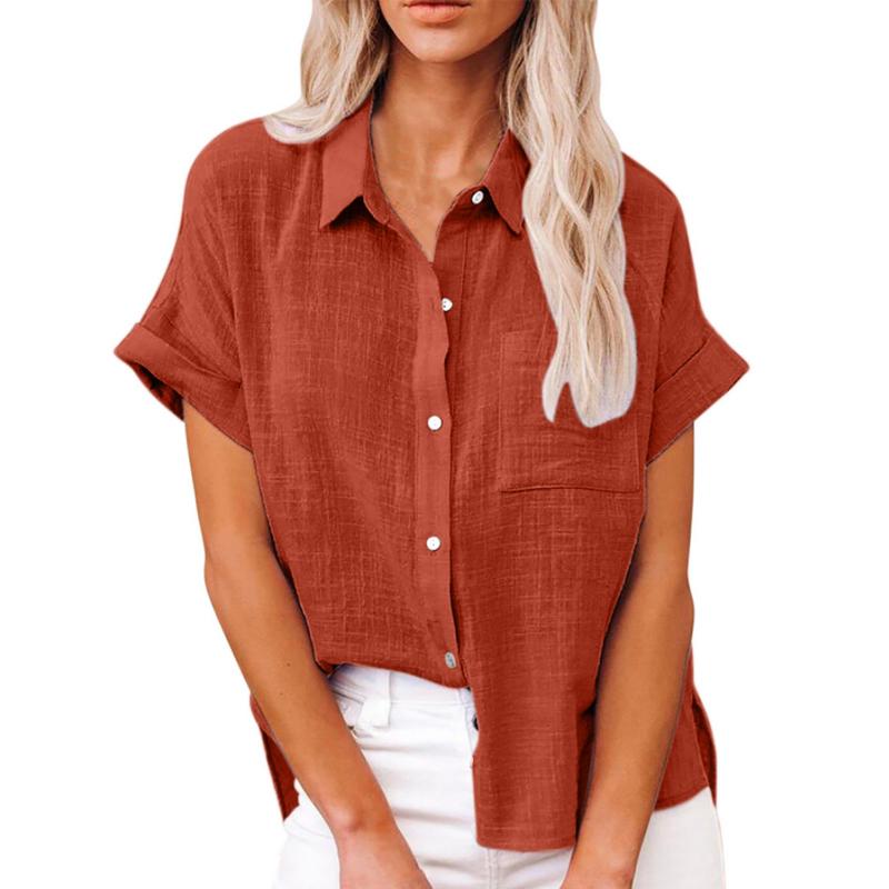 Летняя новая однотонная женская повседневная свободная рубашка с короткими рукавами