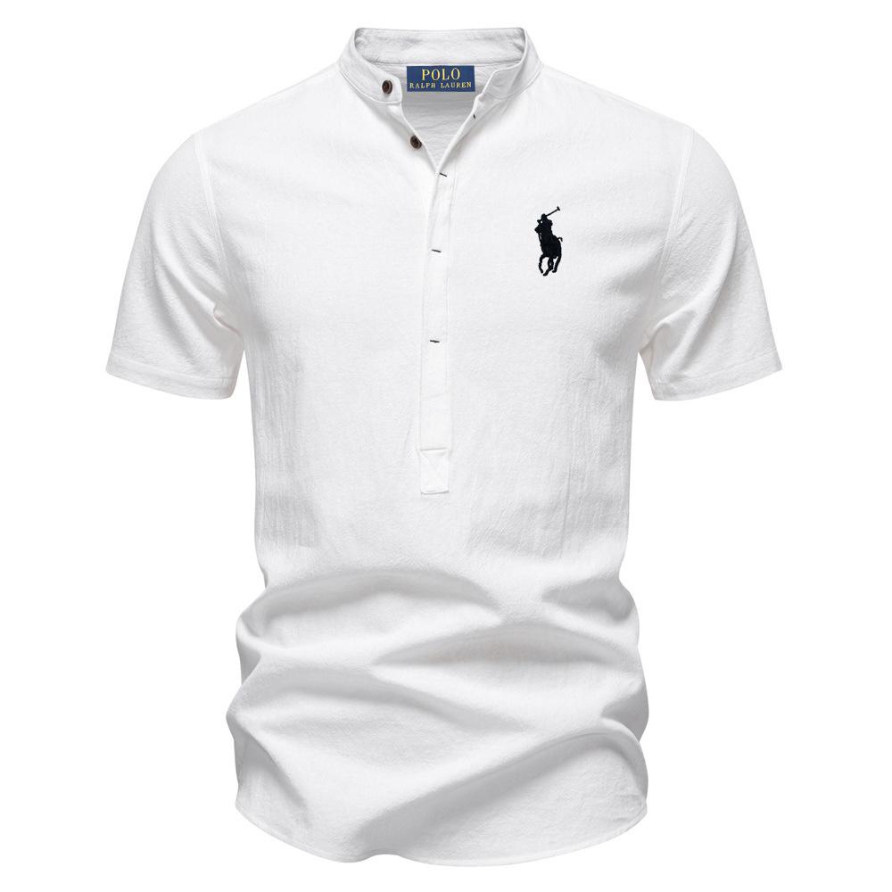 Polo Ralph Lauren Весна/Лето Пони Вышитая Деловая Повседневная Рубашка Мужская Хлопковая Льняная Рубашка С Короткими Рукавами Хлопковая Рубашка Воротник-стойка