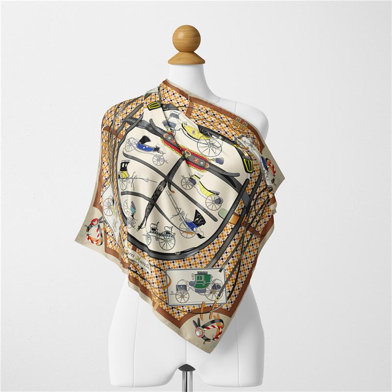 Twill Silk Scarf Woman Carriage Print Square Scarves Wraps Bandana Small Hijab Silk Foulards Tie Headband Neckerchief 53CM