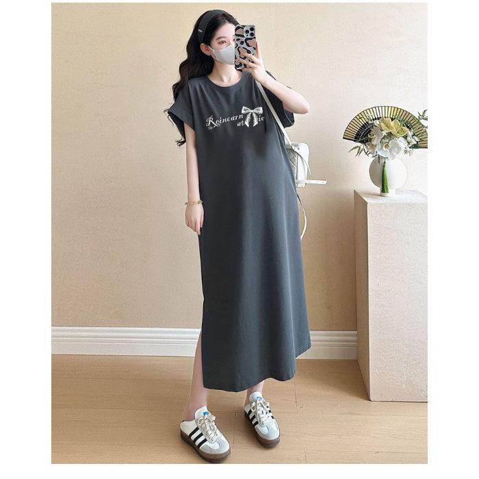 Юбка-футболка с короткими рукавами для женщин, летняя длинная юбка, которая закрывает живот и делает фигуру стройнее, повседневное платье длиной выше колена в стиле ниши