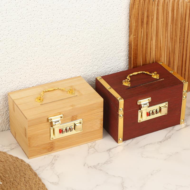 Wooden Combination Lock Piggy Bank Secure Box for Kids Savings Portable Treasure Storage Box with 3 Digit Lock for Home Gift