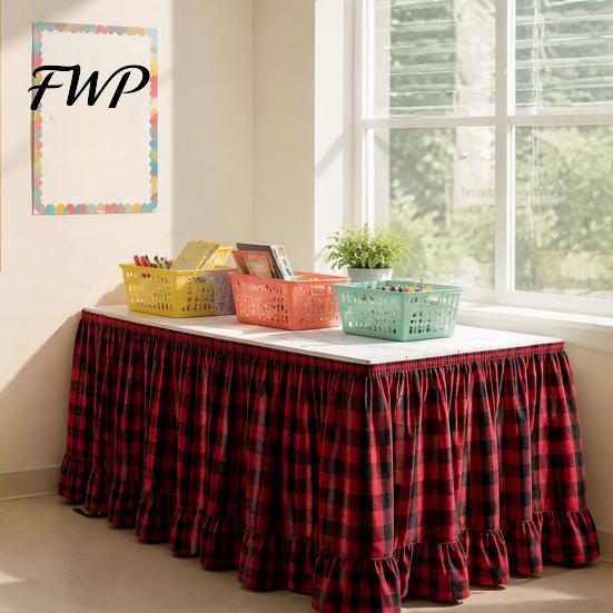 Plaid Table Skirt for Classroom Ruffled Skirt, Durable Polyester Cover with Hook And Desk Teachers Loop Fasteners, Decorative Party Wedding