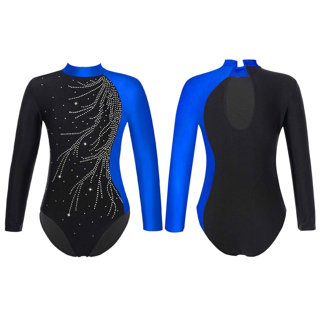 Girls Kids Sparkly Rhinestones Gymnastic Leotard Long Sleeve Ballet Dance Athletic Workout Bodysuit Unitard