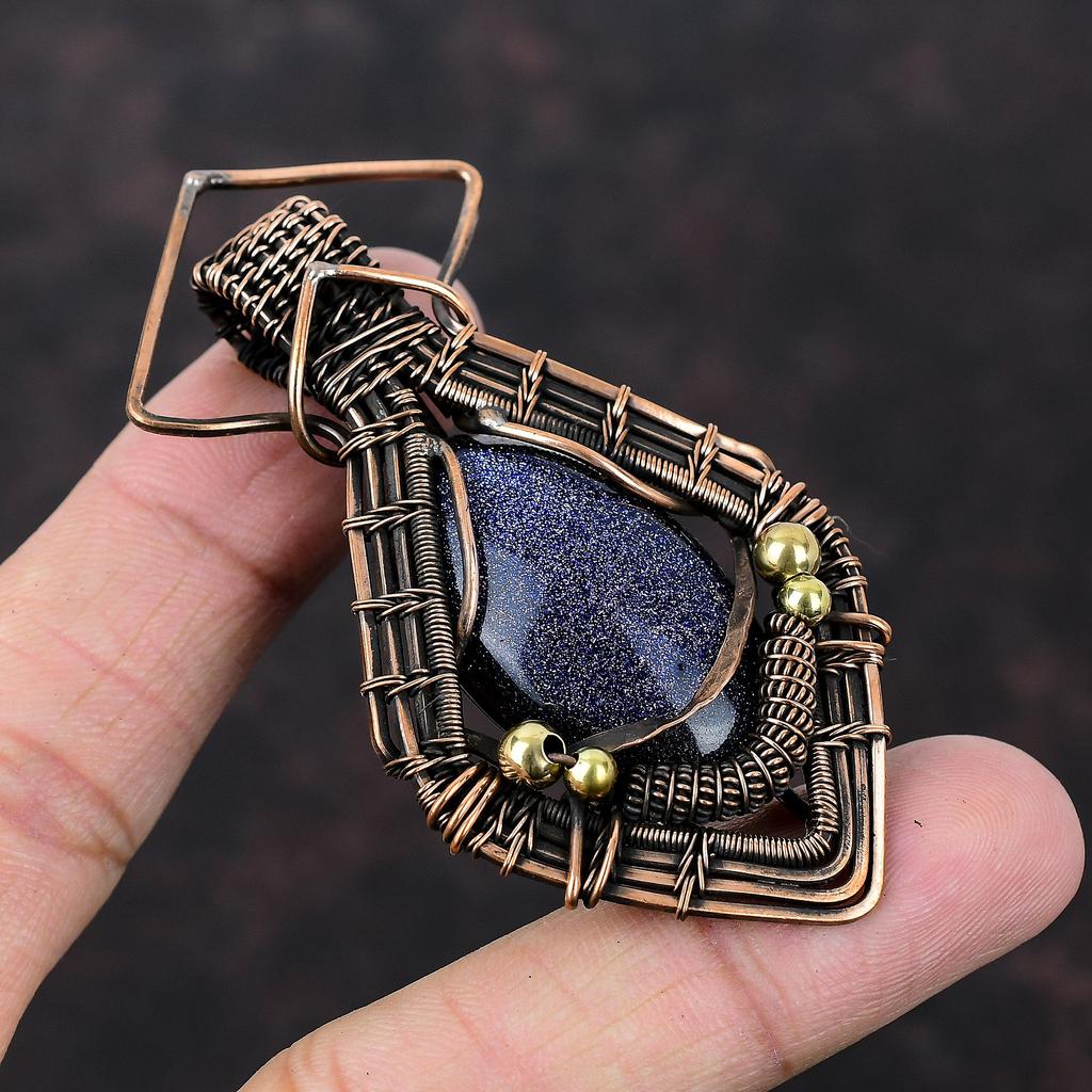 Голубой солнечный камень подвеска из медной проволоки, обернутая драгоценным камнем подвеска ручной работы, обернутая медной проволокой подвеска в подарок жене Голубой солнечный камень ювелирные изделия