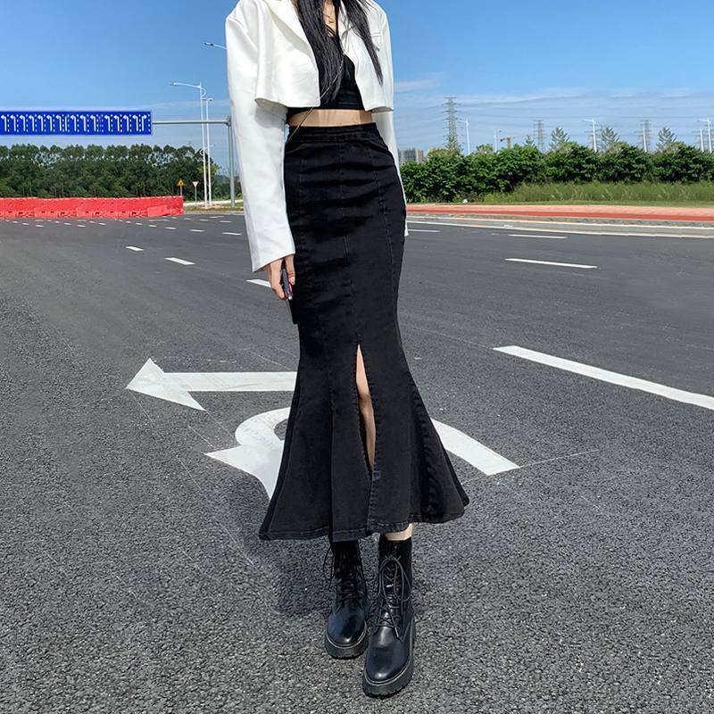 Юбка из эластичного денима, юбка-полукомбинезон, женская летняя юбка-трапеция с высокой талией, открытая юбка на бедрах, длинная юбка-рыбий хвост, женская юбка