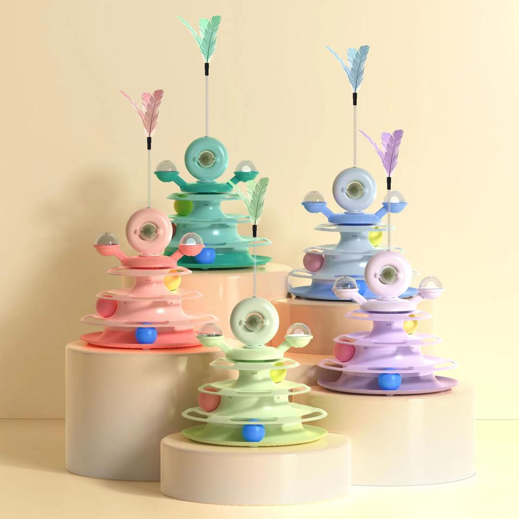 Cat Ball Tower Toy with Feather Catnip 4 Layer Rail Pet Turntable Game for Exercise Purple