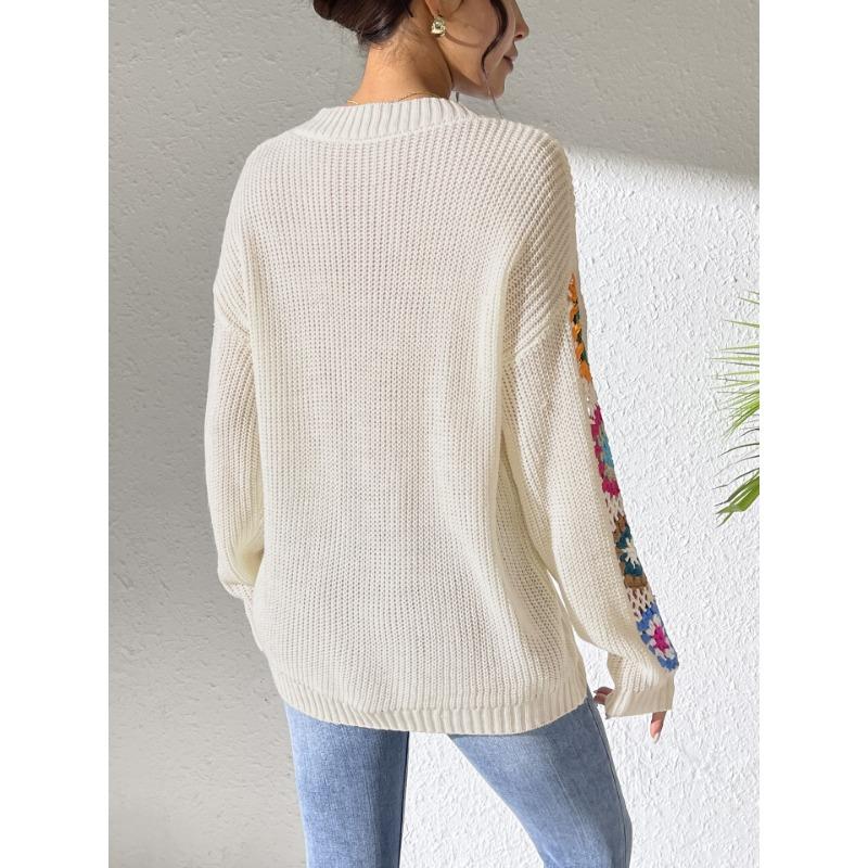 Women S V Neck Hand Crocheted Patchwork Loose Casual Sweater