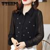 Rhinestone Chiffon Shirt Women's Long-sleeved Shirts Spring and Autumn Solid Color Lapel Mesh Blouse Temperament Button Up Lantern Sleeves Casual Tops