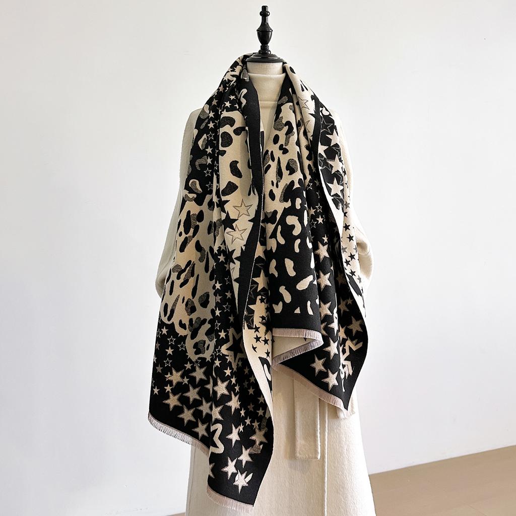 Ladies Thickened Winter Scarf Leopard Print Star Design Two-Sided Faux Cashmere Jacquard Wool Pashmina Wrap Luxury Style