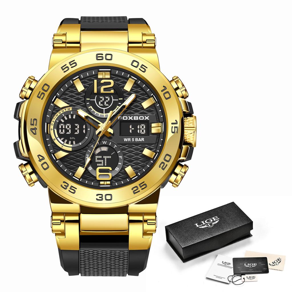 LIGE Men's Sports Watch 5ATM Waterproof Luminous Digital Dual Display Quartz Watch Fashion Chronograph