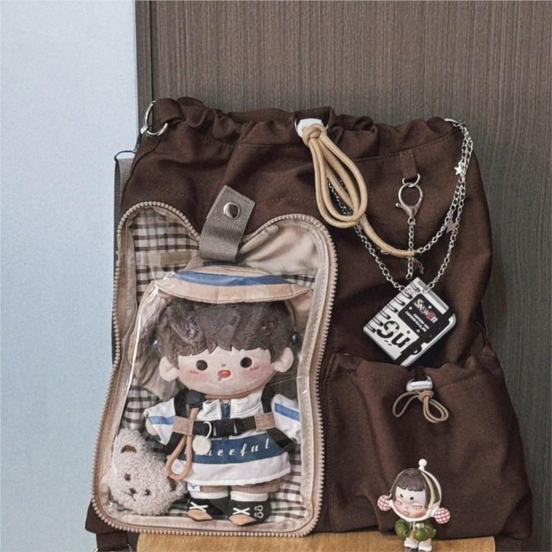 Cute Bow Backpack Ladies Drawstring  Harajuku Aesthetic Ita Bag Female Wide Strap 20cm Doll Crossbody Large Capacity Cotton Bag