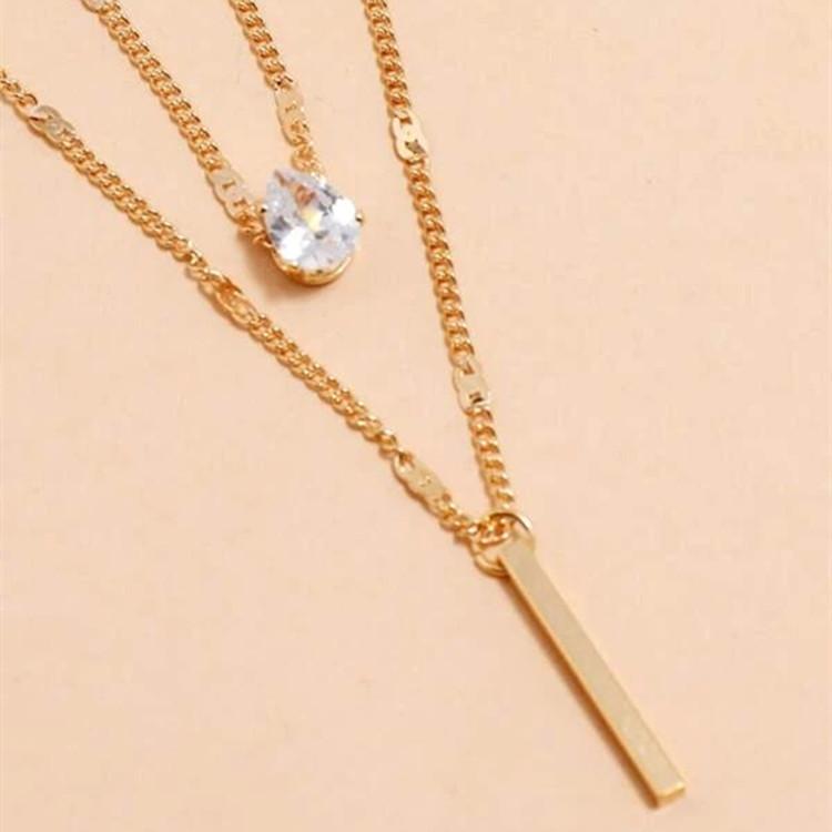 European & American Teardrop Rhinestone Pendant Necklace - Double Layer Long Stick Design